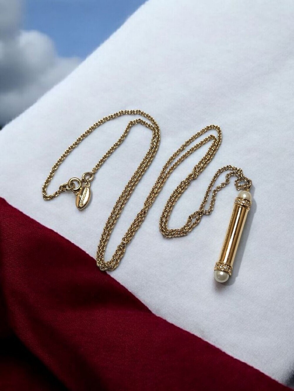 Ann Taylor Gold-Tone Bar Pendant Necklace with Pearl Rehinstone Accents